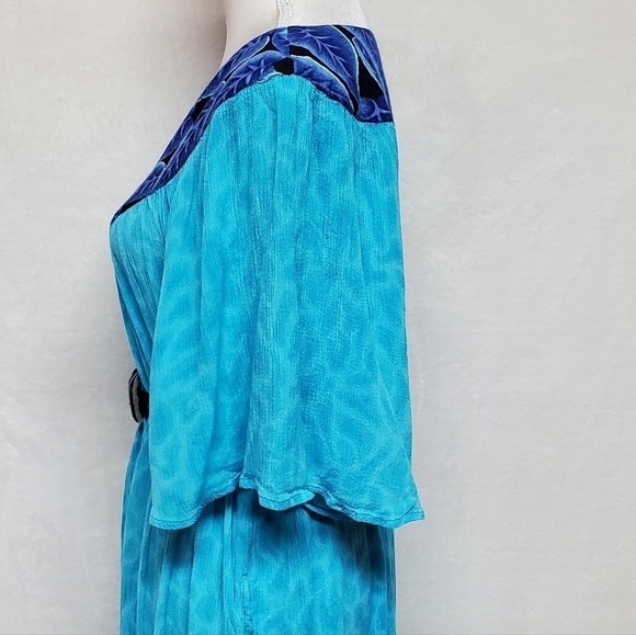 VINTAGE Aqua Blue Tropical Palm Leaf Flutter Sleeve Belted Pocket Dress Mumu - Picture 9 of 15